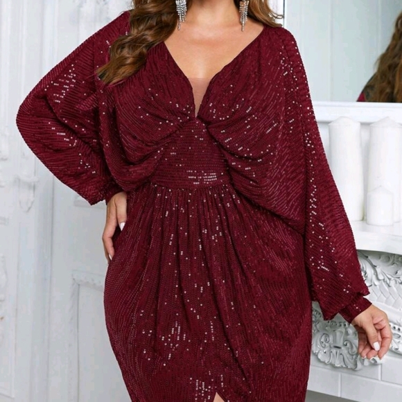 Luxe Plus Size Sequin Holiday Evening Party Prom Slit Dress Burgundy - Picture 4 of 5